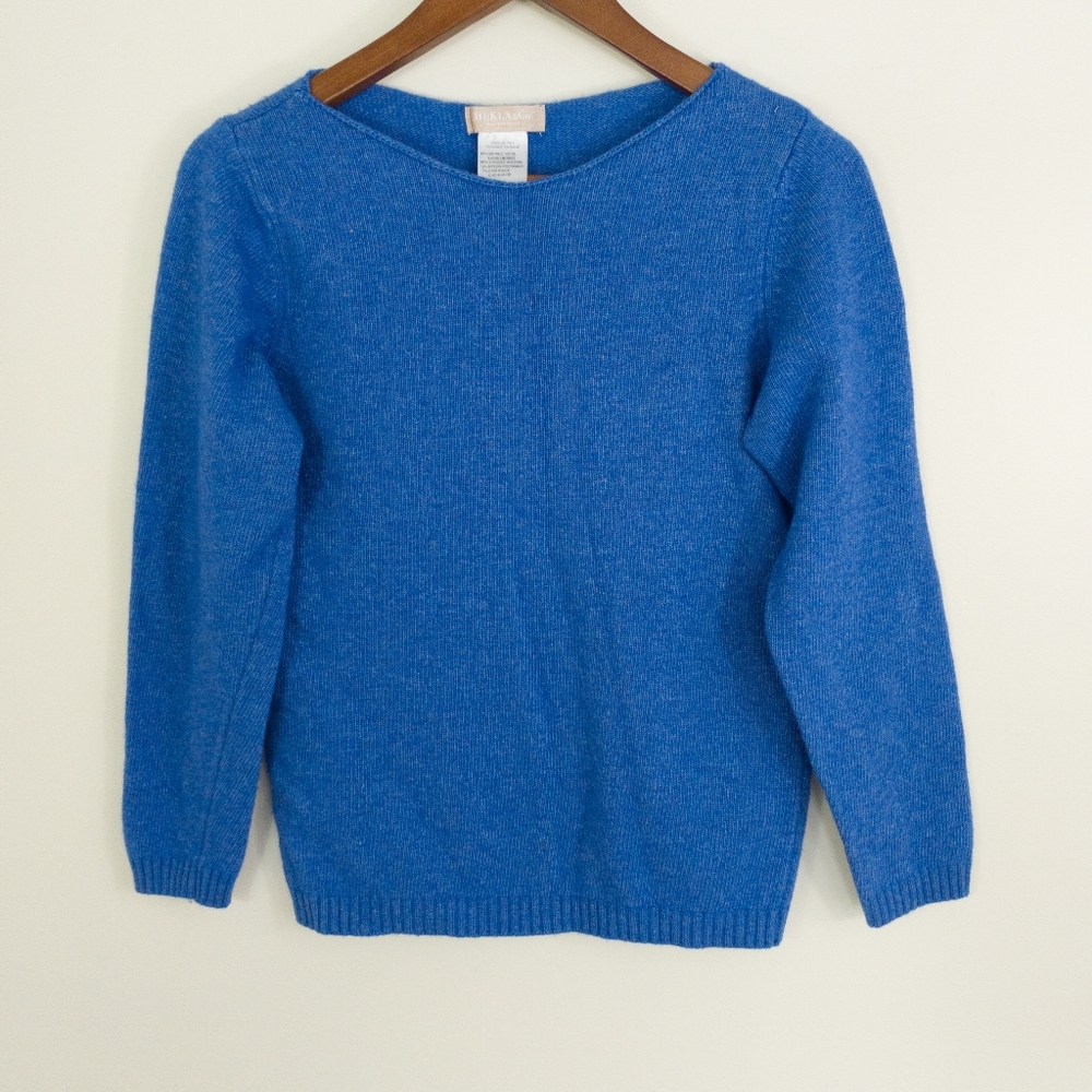 HEKLA & CO. Blue Italian Merino Wool Cashmere Blend Boatneck Sweater Size Medium